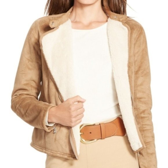 RALPH LAUREN SHERPA LINED FAUX SUEDE MOTO jacket Large - Picture 1 of 8